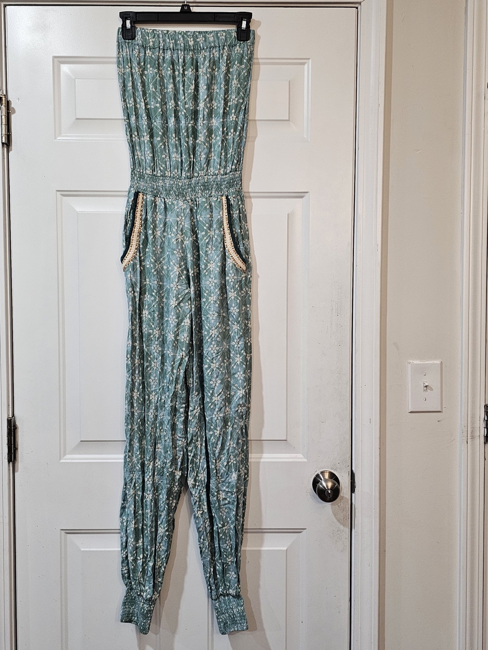 Skemo Women's Teal Patterned Strapless Jumpsuit size Small{Bx8}